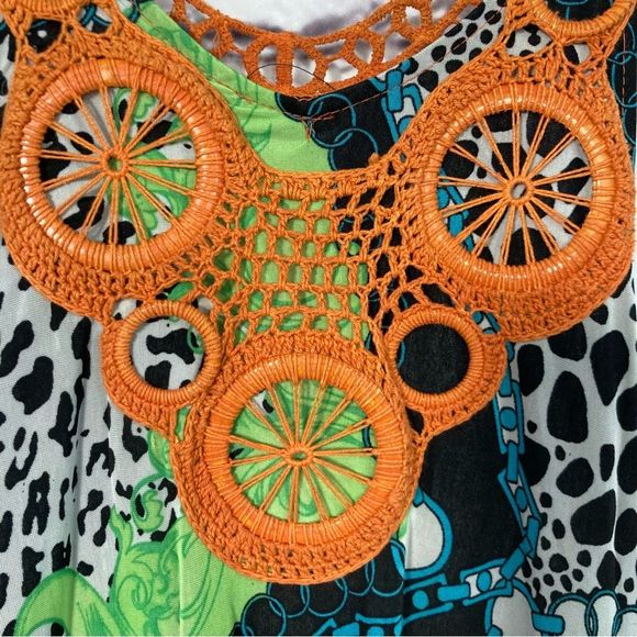 Paris Paris Maxi Dress SZ L Lined Bold Abstract Animal Print Orange Blue Crochet - Picture 8 of 12